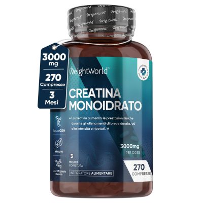 Creatina Monoidrata 3000mg, 270 Compresse di Creatina Vegana (Scorta 3 Mesi) Senza Magnesio Stearato, Creatina Monohydrate, Sport, Palestra, Pre Workout, Intra Workout, Post...