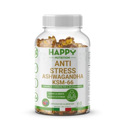 Happy Nutrition Caramelle Gommose di Ashwagandha KSM-66 Antistress - 60 Caramelle Vegane con Ashwaganda per Ansia e Stress, Prodotte in Italia, Integratore Naturale Senza OGM e...