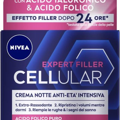 NIVEA CELLULAR EXPERT FILLER Crema Notte Anti-Età Intensiva SPF 15 50ml, Crema viso antirughe rassodante, Crema viso Acido Ialuronico e Acido Folico Puro, Crema viso notte anti-age