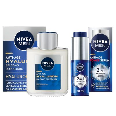 NIVEA MEN Cofanetto Uomo con Siero viso antirughe Anti-Age Power Serum Anti-Macchie 30 ml con Luminous630 e Anti-Age Hyaluron Balsamo Dopobarba Uomo 100 ml con Acido Ialuronico...