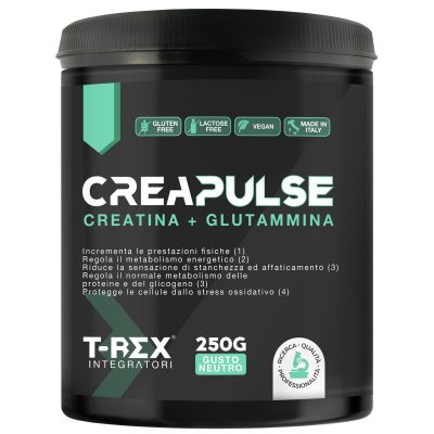 T-Rex Integratori, Creatina Monoidrata + Glutammina CreaPulse - Integratore alimentare per massa muscolare, definizione e boost energetico pre workout (Polvere)