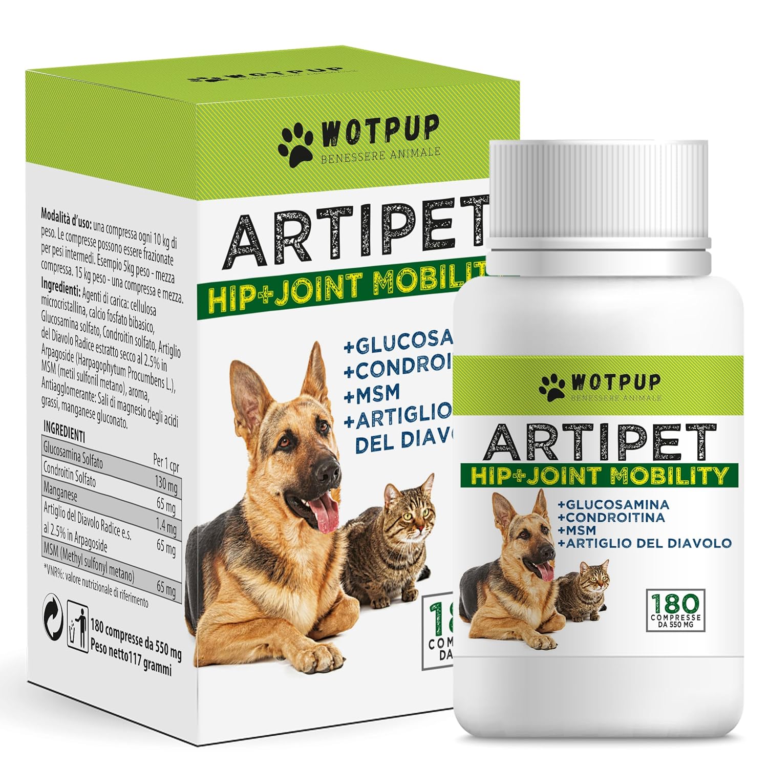 Artipet, integratore per articolazioni cani | 180 compresse da 550mg con MSM, Artiglio del Diavolo, Condroitina, Glucosamina | per cani e gatti di tutte le taglie | Fornitura...