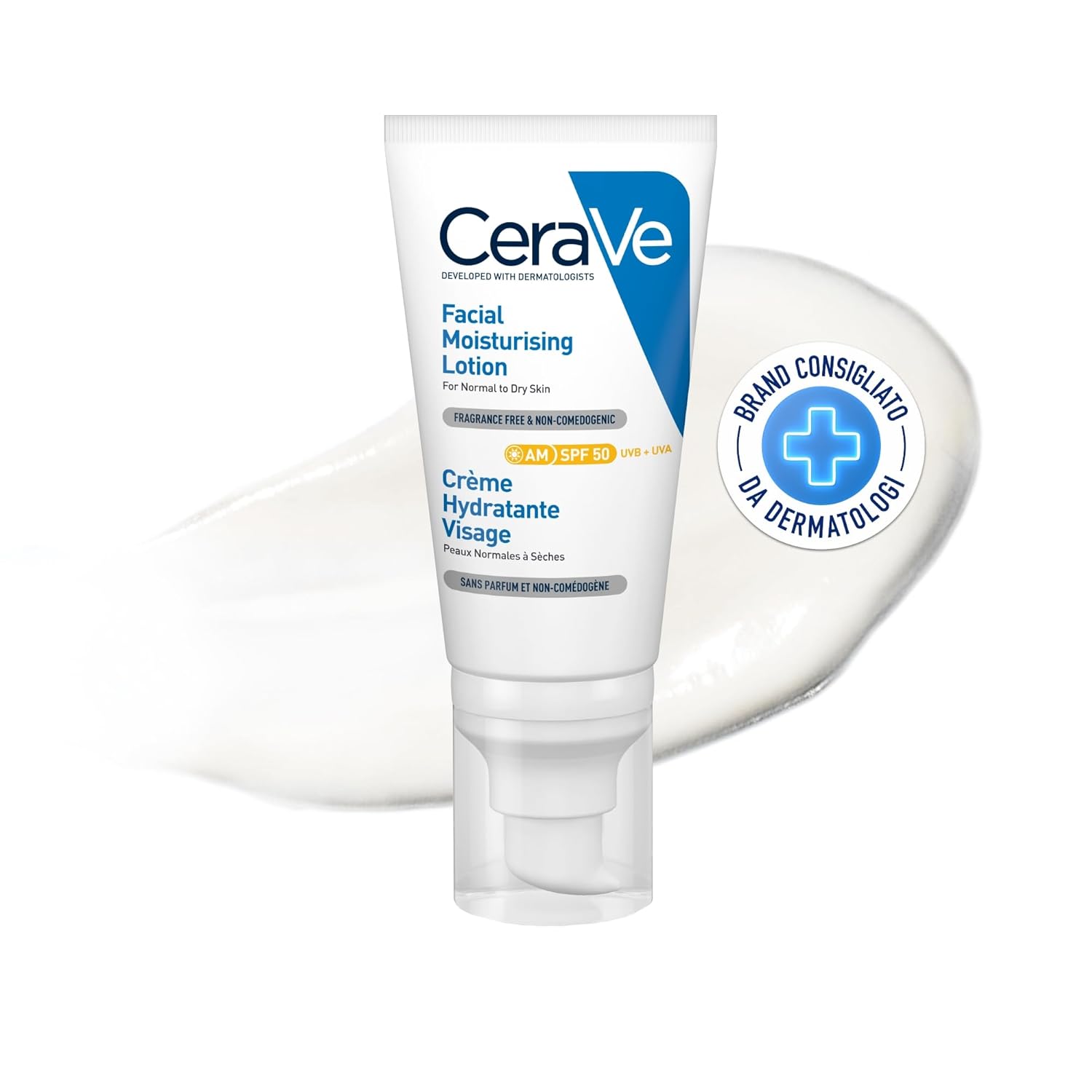 CeraVe Crema Idratante Viso SPF 50, Per Pelli da Normali a Secche, Idratazione Profonda, Ad Assorbimento Rapido, Con Protezione Solare SPF 50 e Acido Ialuronico, 52 ml
