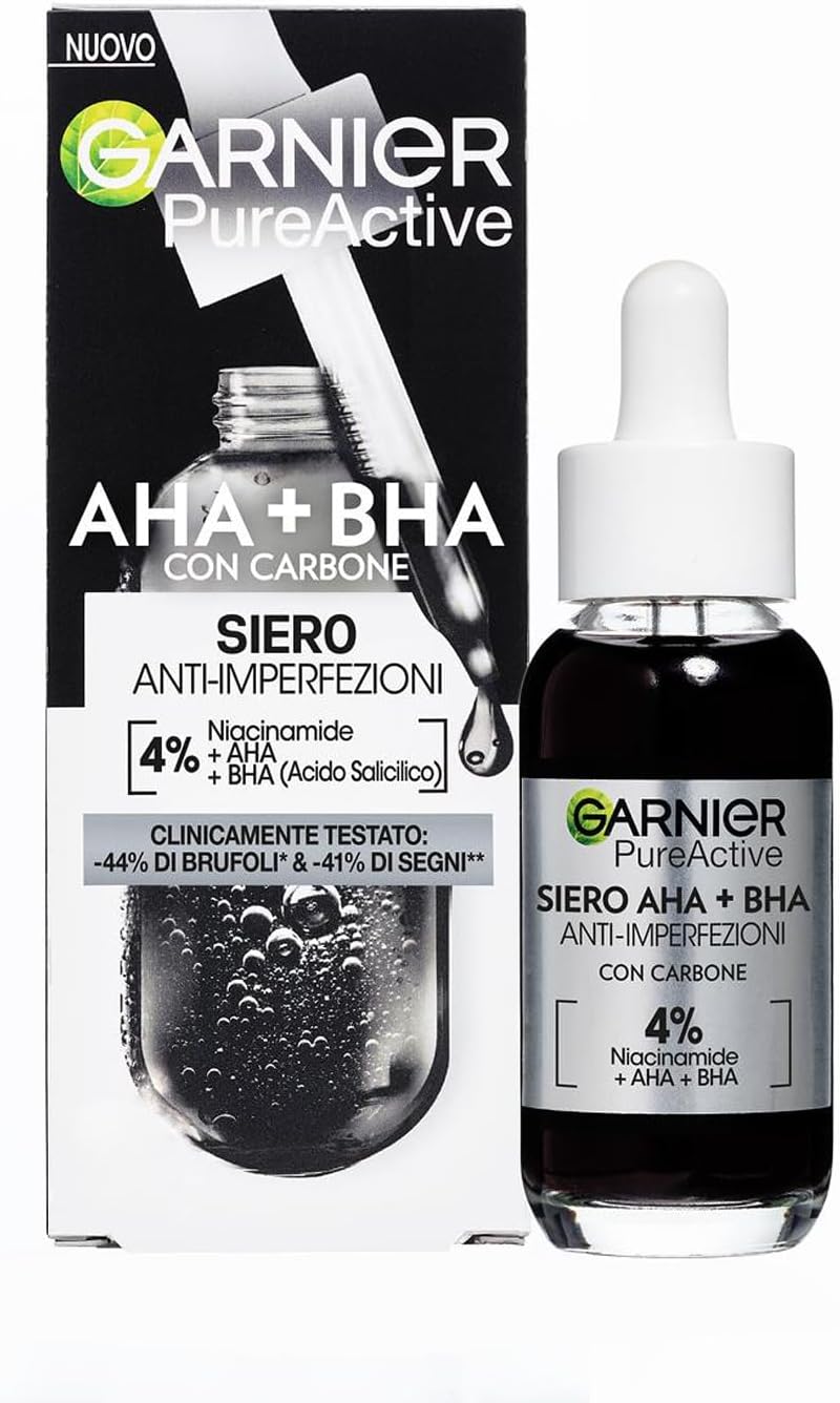 Garnier Siero Anti-imperfezioni, Per Pelle Grassa, Impura e Mista,Contrasta Punti Neri e Brufoli, Formula Vegana* con 4% [Niacinamide + AHA + BHA], Siero Pure Active AHA+BHA con...