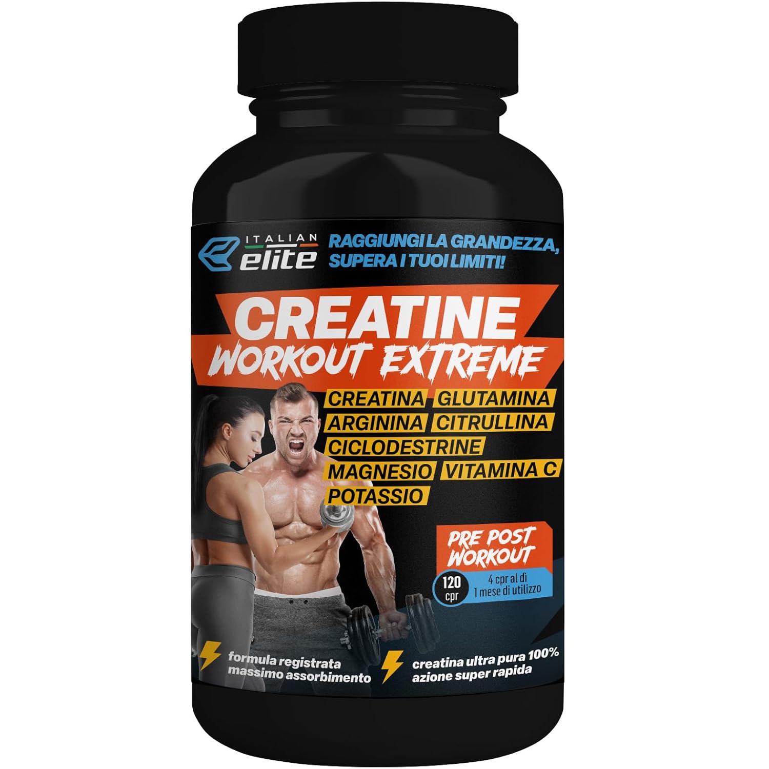 Italian Elite® Creatine Extreme, Creatina con Glutammina, Arginina, Citrullina, Vit C Magnesio, Potassio, Ciclodestrine. Pre Post Workout 120cp Monoidrata Micronizzata a Rapido...