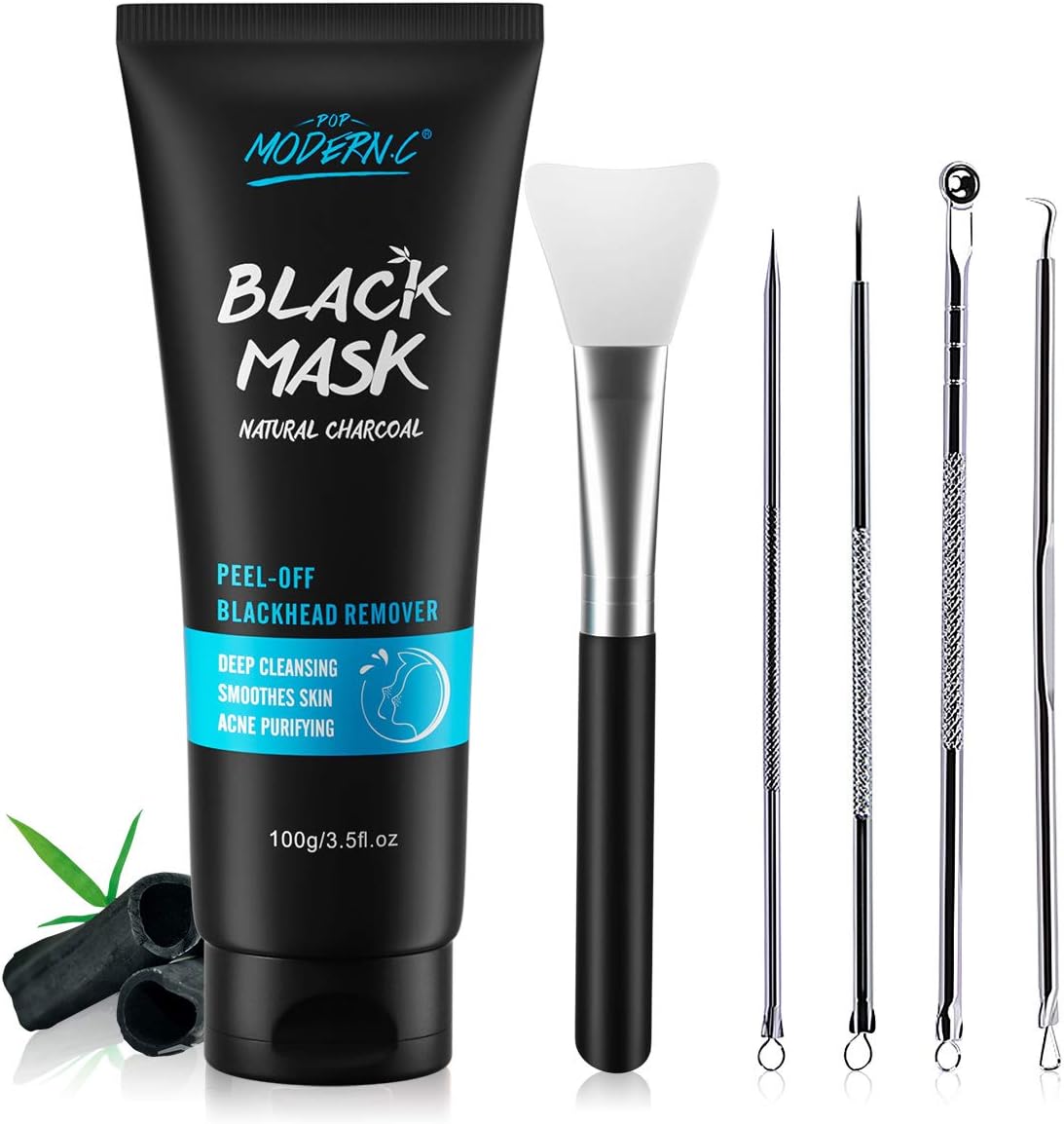 Maschera Peel Off Nera Carbone Di Bambù Per La Rimozione Dei Punti Neri Per Il Viso, Con Kit Di Strumenti Per Estrattore E Pennello
