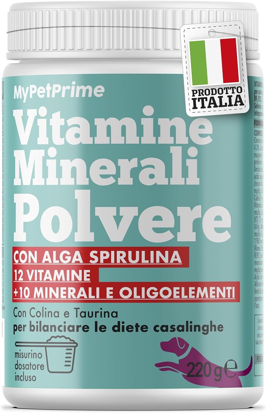 MyPetPrime | Integratore in Polvere | 12 Vitamine + 10 minerali Con Alga Spirulina | per la dieta Casalinga e Barf integra | 220g