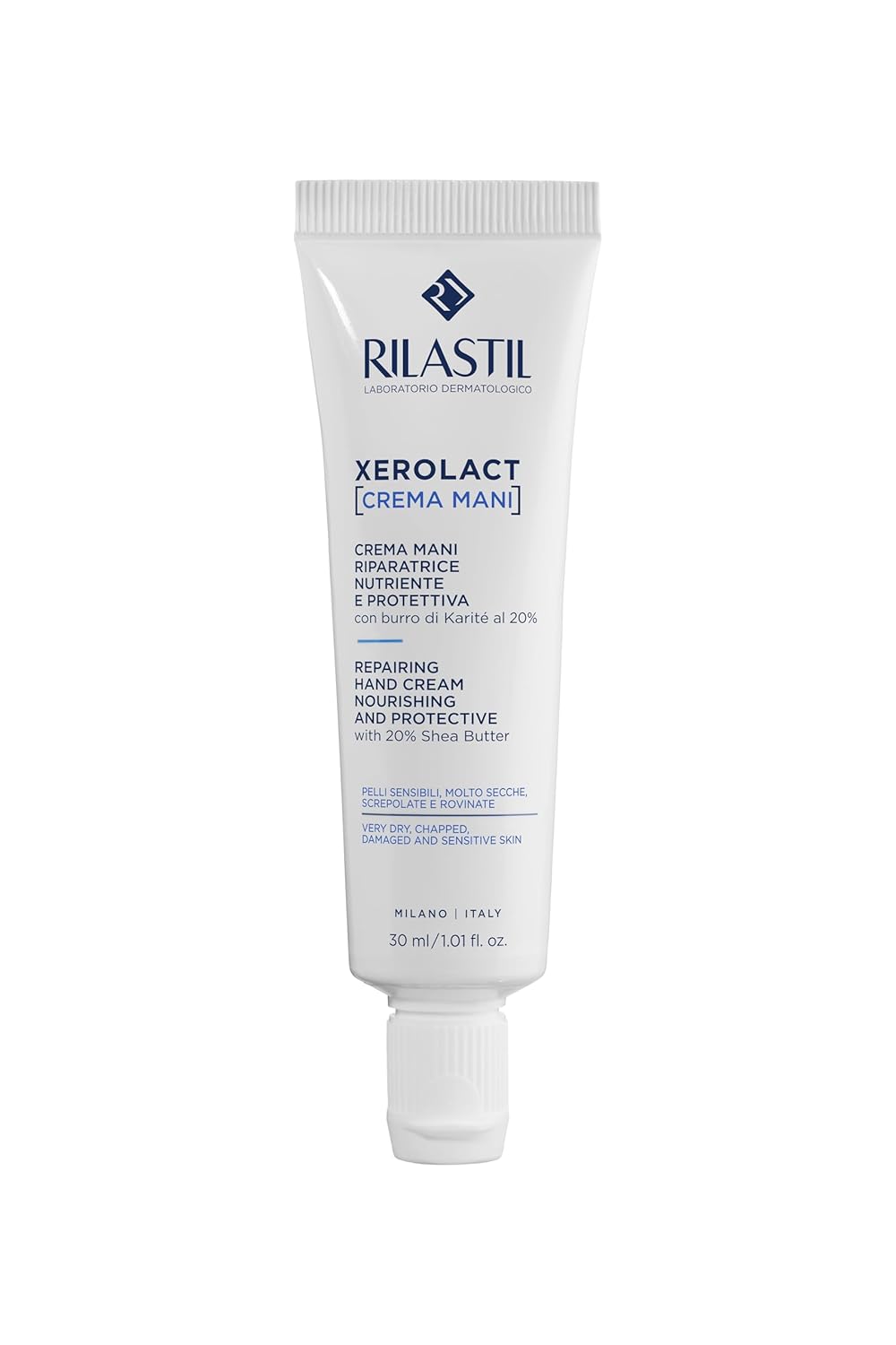 Rilastil Xerolact Crema Mani Riparatrice, Trattamento Restitutivo, Nutriente e Protettiva con Burro di Karité per Pelli Sensibili, Molto Secche, Confezione da 30ml