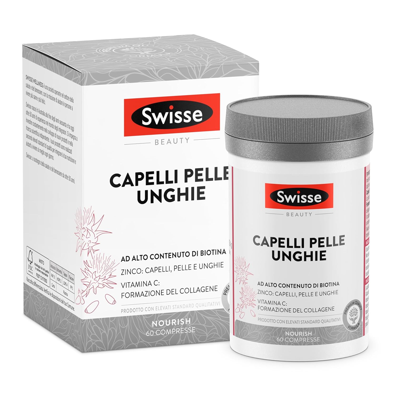 SWISSE Capelli Pelle Unghie - Integratori per Capelli, Pelle e Unghie con Vitamina C Biotina Cardo Mariano, 60 Compresse - Zinco Integratore Capelli, Formazione Collagene e...