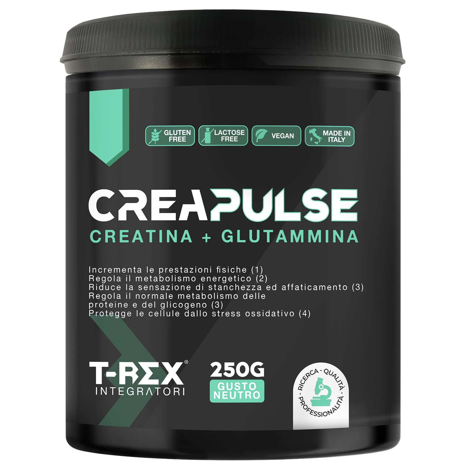 T-Rex Integratori, Creatina Monoidrata + Glutammina CreaPulse - Integratore alimentare per massa muscolare, definizione e boost energetico pre workout (Polvere)