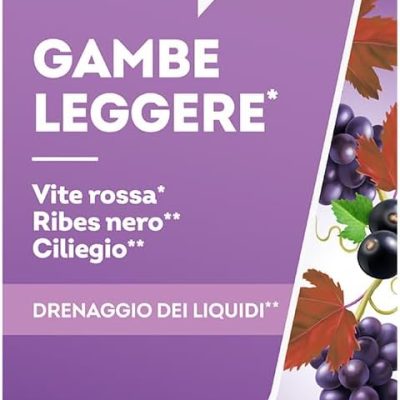 Gambe Leggere - Integratore drenante con Estratto di Vite Rossa, Ribes Nero, Ciliegio - Favorisce la funzionalitร  del microcircolo e il drenaggio dei liquidi - Confezione da 60...
