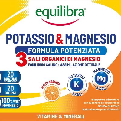 Equilibra Integratori Alimentari, Potassio e Magnesio 3 Formula Potenziata, Integratore Magnesio e Potassio per Reintegro Sali Minerali, Gusto Arancia, Senza Glutine e Senza...