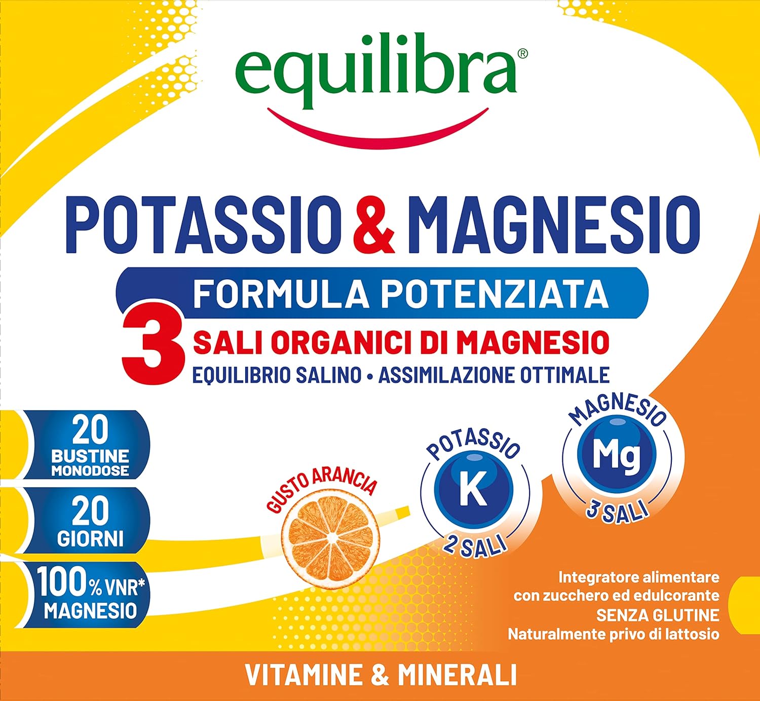 Equilibra Integratori Alimentari, Potassio e Magnesio 3 Formula Potenziata, Integratore Magnesio e Potassio per Reintegro Sali Minerali, Gusto Arancia, Senza Glutine e Senza...