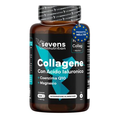 Marine Collagen with Pure Hydrolyzed Hyaluronic Acid - Supplement with Magnesium, Q10 and Vitamins A, C, D3, B12, Zinc - 120 Capsules - Skin, Bones and Joints - Sevens
